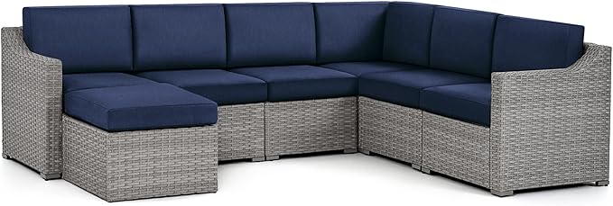 HAPPATIO 7 Piece Patio Conversation Set,Rattan Wicker Outdoor Sectional Sofa,All-Weather Patio Furniture Set,Multiple Combination Sofa. Patio sectional Set for Patio and Balcony.(Gray/Blue)
