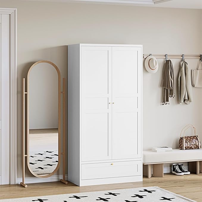 Steel Metal Wardrobe Armoire Closet with Drawer Clothing Locker Storage Cabinet 2 Door Closet Cabinet with Hanging Rod for Home Office Bedroom 72" X 36" X 18" White