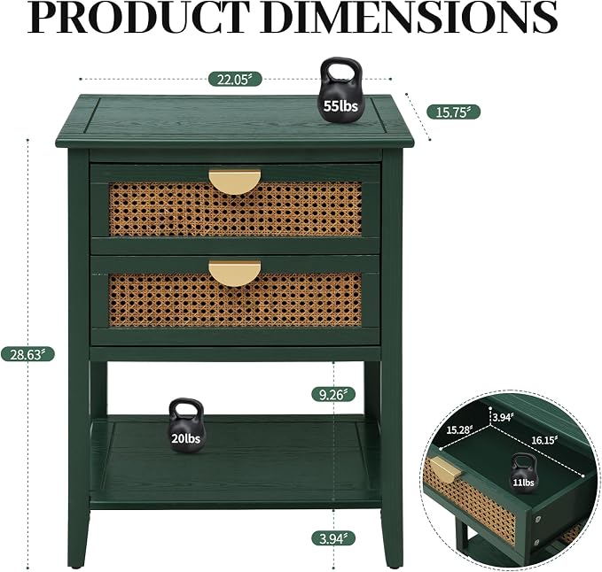 Green Rattan Nightstand with 2 Drawers & 1 Open Storage Shelf, Boho Bedside Table with Golden Semi-Circular Handles & Solid Wood Legs, Narrow Wood Side Table for Bedroom, 1 PC - Image 2
