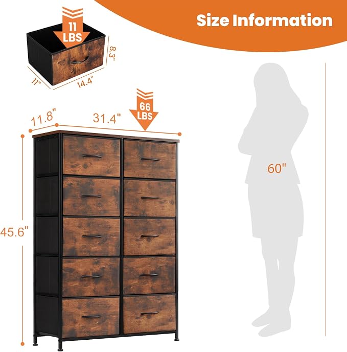 Sweetcrispy Dresser for Bedroom, Fabric Dresser with 10 Drawers, Chest of Drawers for Closet, Living Room, Sturdy Steel Frame, Wooden Top, Easy Pull Handle, Brown - Image 3