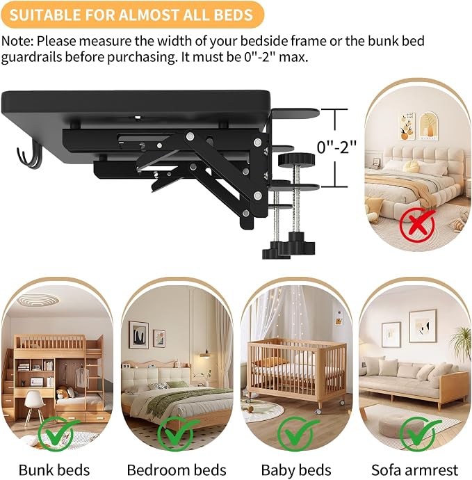 Bedside Shelf, Bedside Shelf for Dorm Bunk Bed, Clip On Nightstand Foldable, College Dorm Room Essential Bedside Tray with Magnetic Mat and Cable Management for Dormitory Black - Image 5