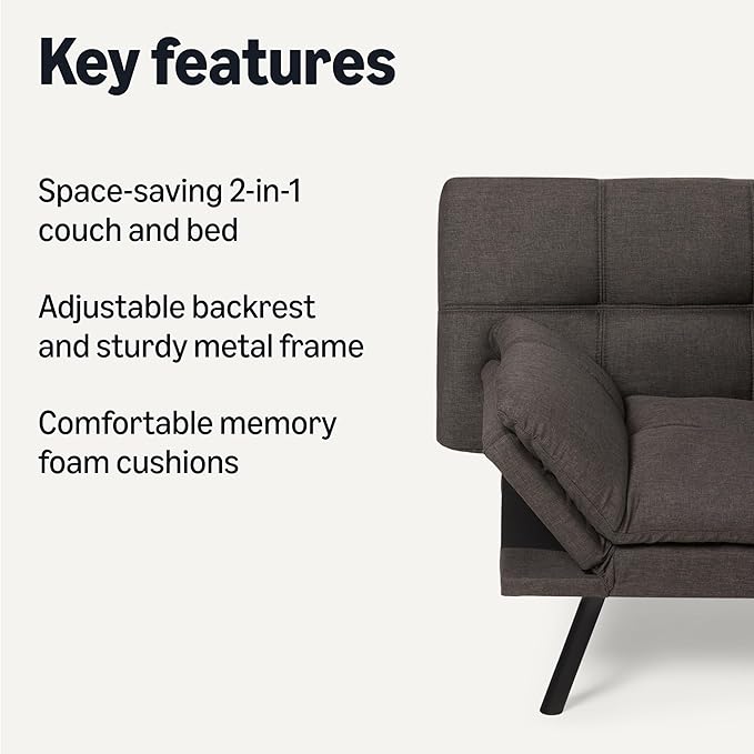 Amazon Basics Futon Sofa Bed, Convertible Memory Foam Sofa Couch with Adjustable Positions for Small Living Room, Office, Apartment, Dark Grey Linen Fabric
