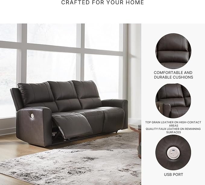 Signature Design by Ashley Boxmere Modern Leather Match Power Reclining Sofa with USB Ports, Dark Brown