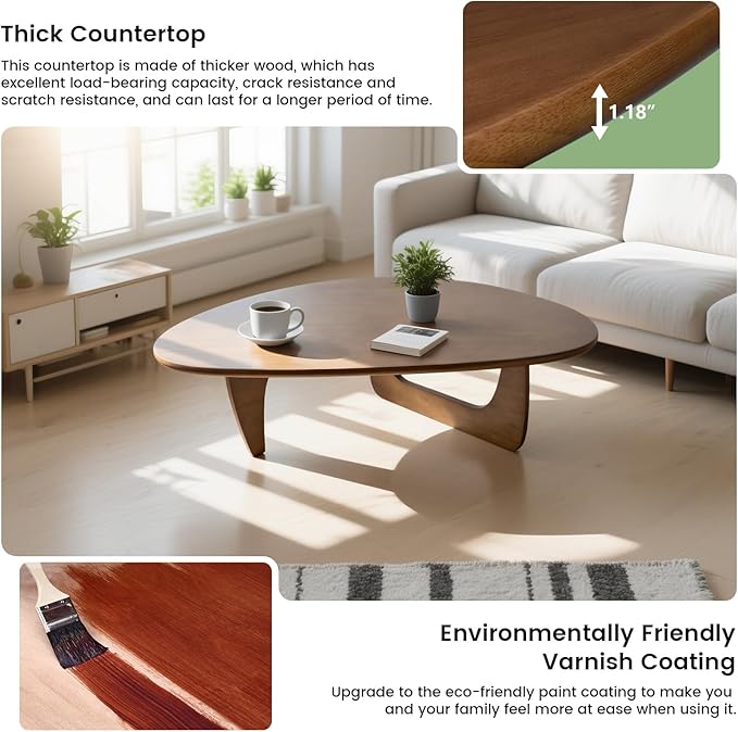 Solid Wooden Modern Triangle Coffee Table: Unique Funky Coffee Tables for Living Room, Oval Mid-Century Irregular Abstract Tea Tables for Patio Office Balcony Bedroom (Walnut, 35" L x 24" W x 16" H)