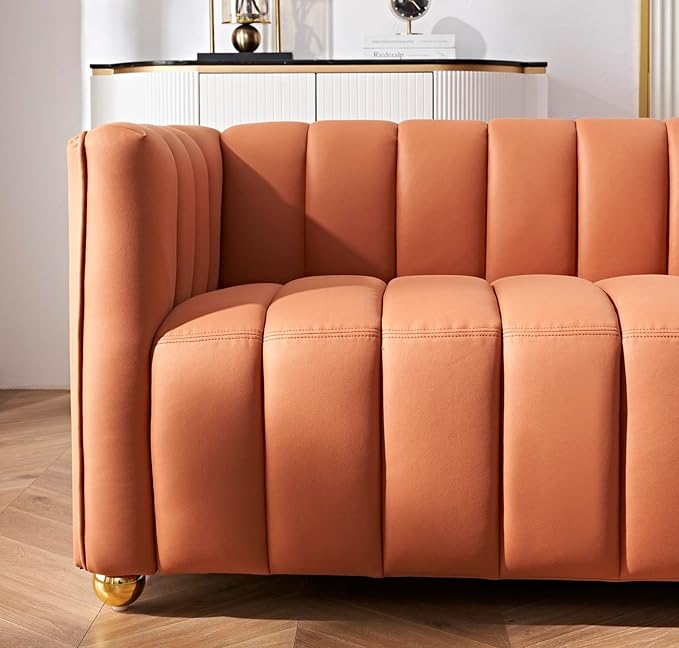 Direct Glam Fabric Upholstered Solid Wood Frame 82.7" Art Deco Sofa for Living Room, Office, Sophisticated 3 Seater Couch, Orange