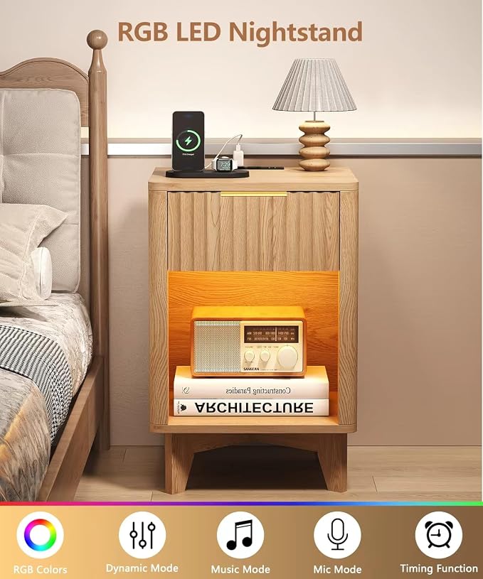 Fluted Nightstand Set of 2, Wooden Night Stand with Charging Station and LED Light, Modern Mid Century End Table with Drawer, Bedside Table for Bedroom, Natural Oak - Image 3