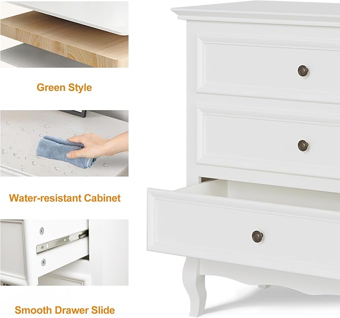 RoyalCraft 32" Wide Nightstand Set of 2 for Bedroom, White Nightstand with 3 Drawer, Modern End Table, Wood Beside Table for Home and Office - Image 6
