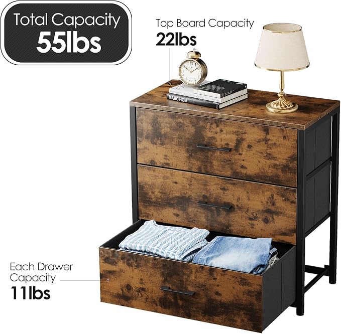 Memobarco Nightstand, End Table, Bedside Table, Small Tall Dresser for Bedroom with 3 Storage Drawer, Chest of Drawers Fabric Dressers with Steel Frame, Wooden Top & Front for Living Room - Image 3