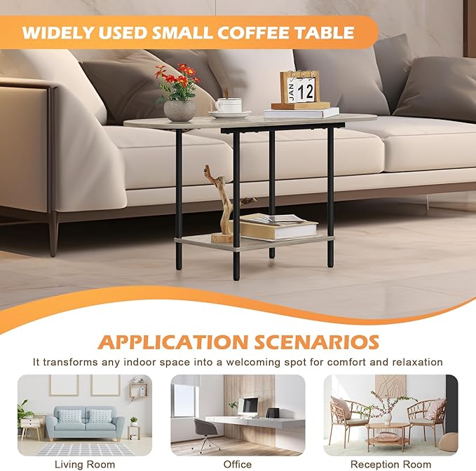 ETELI Round Coffee Table for Small Space Farmhouse Oval Coffee Table with 2-Tier Shelf Circle Center Tea Table for Living Room, Grey