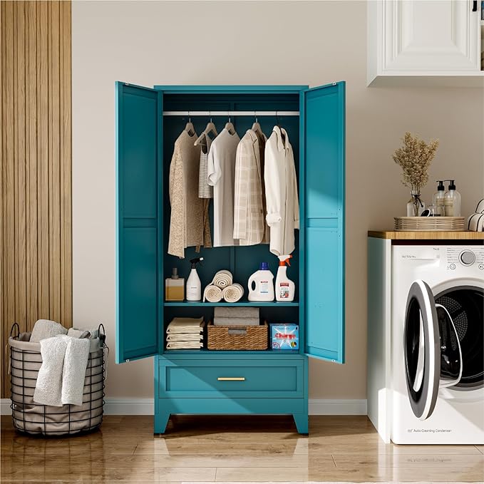 Metal Wardrobe Cabinet, 71" Tall Armoire Wardrobe Closet with Drawer,Hanging Rod and Adjustable Shelf, Farmhouse Clothing Storage Cabinet for Bedroom, Laundry