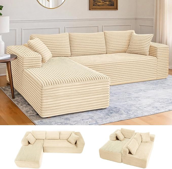 LUCKLIFE Modular Sectional Couch with L-Shape Chaise,Corduroy Upholstery Boneless Couches for Living Room,Oversized Sleeper Sofa,No Assembly Required (Beige, L Shape with Left Facing Chaise)