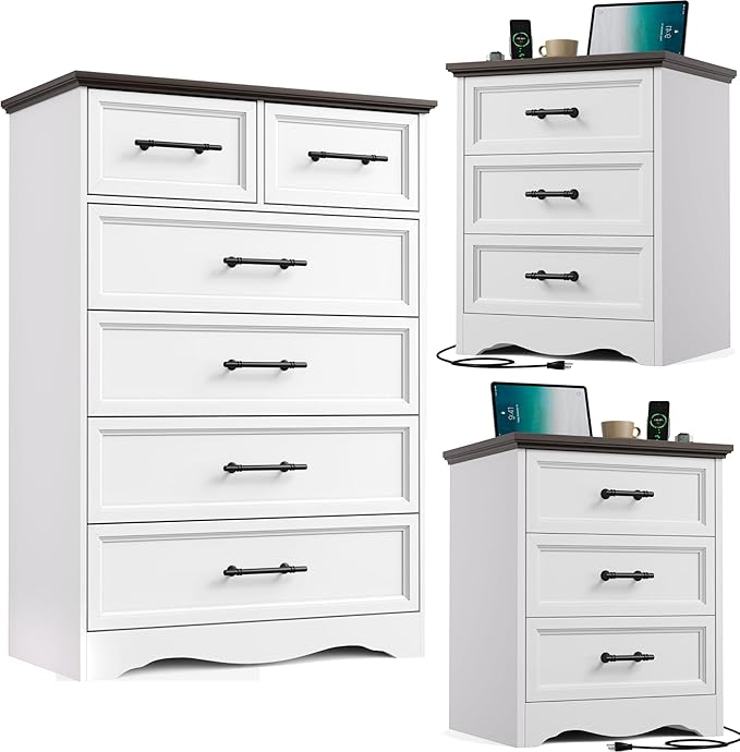 Bedroom Set, 3 Pieces Bedroom Furniture Set, Wood 6 Drawer Dresser and 3 Drawers Nightstands with Charging Station, Farmhouse Storage Organizer Cabinet for Bedroom, White