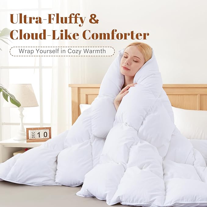 Cosybay Oversized King Size Feather Down Fiber Comforter - Ultra Soft 100% Cotton Duvet Insert, All Season Hotel Luxury Bedding with Corner Tabs, 116"x98" White