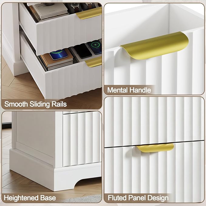 Fluted Nightstand with Charging Station, Modern Night Stand with 3 Drawers and Metal Handles, Large Bedside Table for Bedroom, White - Image 6
