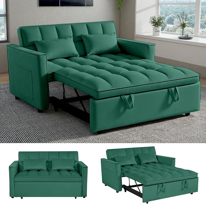 3 in 1 Pull Out Sofa Bed, 54" Sleeper Sofa Bed with 3-Level Adjustable Backrest, Velvet Fabric Loveseat Sleeper Couch for Living Room & Bedroom & Apartment & Dorm Furniture, Green