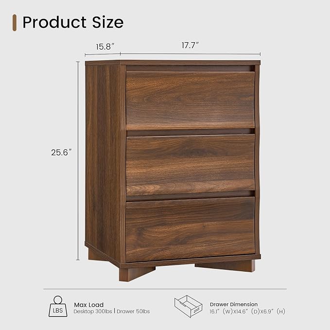 Nightstand, Night Stand with 3 Drawers, Modern Nightstand with Large Storage, Silent Slides, Wooden End Side Table, Bedside Table with 3 Drawers for Bedroom (Brown) - Image 2