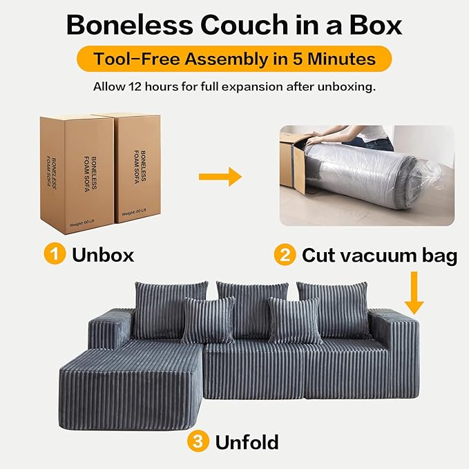 Boneless Couch, 101" Cloud Sectional Sofa with L Shaped Chaise, Deep Seat Sofa in a Box with 3 Modular Sections, Modern Corduroy Comfy Couch for Living Room, Grey