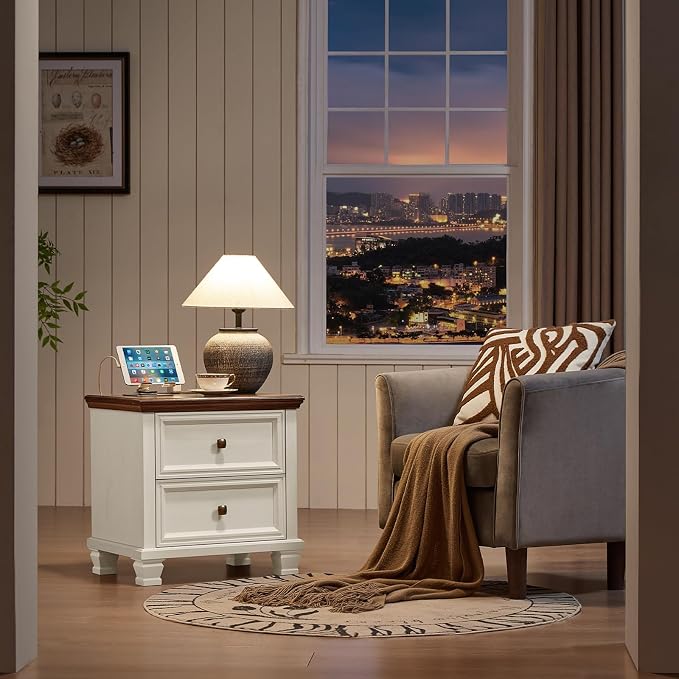 SAVOR LIFE Farmhouse Nightstand with Charging Station, Rustic Low Night Stand with 2 Drawers, Mid-Century Modern End Table with 4 Square Solid Wood Legs, Small Dresser for Bedroom, Home, White - Image 6