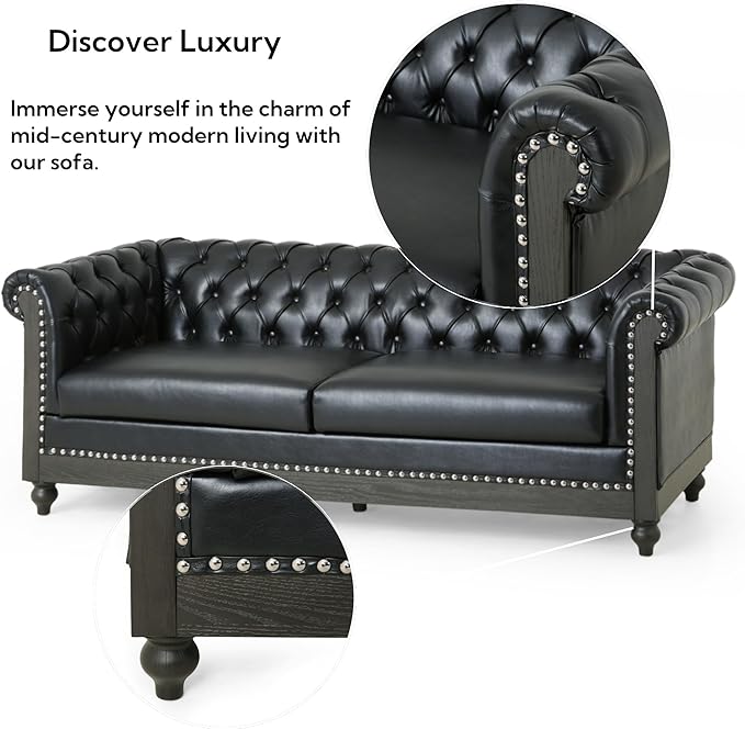 Merax PU Chesterfield Sofa, Retro Upholstered 3 Seater Leather Couch Rolled Arm for Living Room Bedroom Office, Black