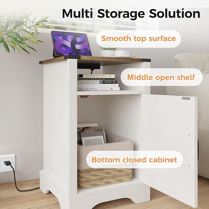 RoyalCraft Farmhouse Nightstand Set of 2, End Table with Charging Station, Tall Bedside Table with Large Storage and Shelf, Wooden Side Table with for Bedroom, Home Office, White and Rustic Oak - Image 3