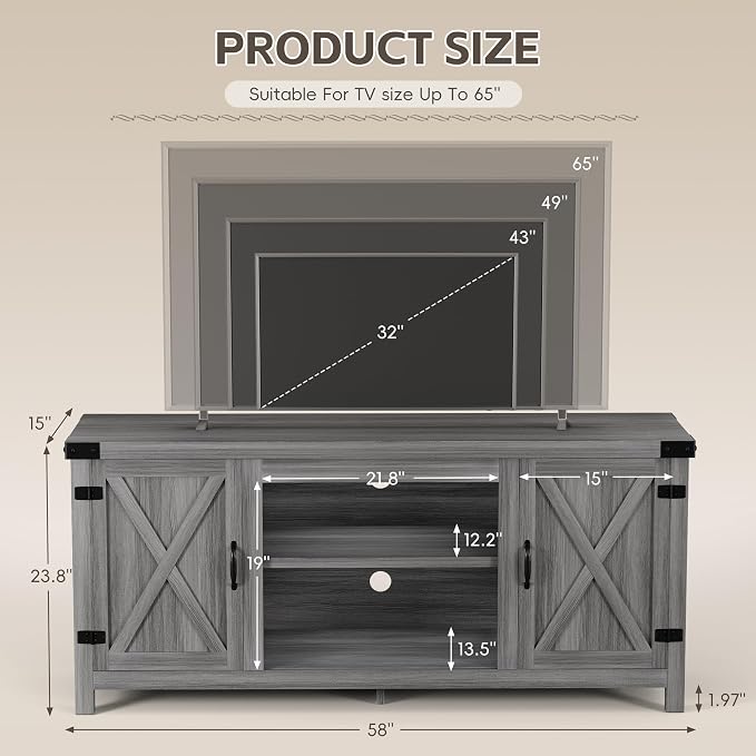 YESHOMY Modern Farmhouse TV Stand with Two Barn Doors and Storage Cabinets for Televisions up to 65+ Inch,Entertainment Center Console Table,Media Furniture for Living Room,Light Grey - Image 6