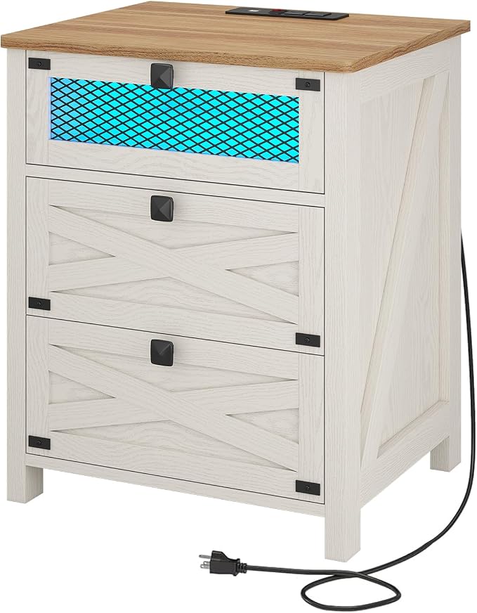 Hasuit Farmhouse Night Stand for Bedroom, Rustic Vintage White Nightstand with Charging Station and LED Lights, Bedside Table with 3 Drawers, Retro Side End Table with Storage - Image 8