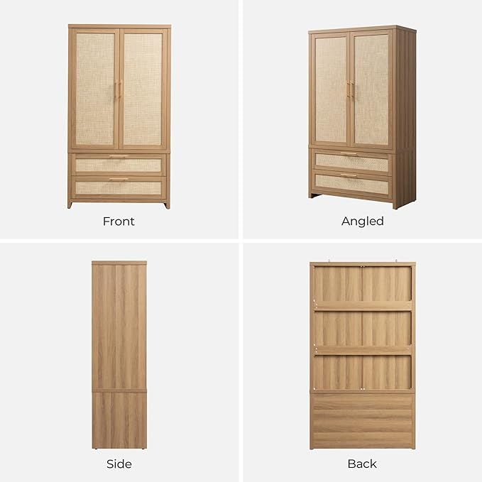 SICOTAS Armoire Wardrobe Closet, Larger Rattan Armoires Wardrobe Cabinet with 2 Larger Drawers and Hanging Rod, Tall Closet Storage Cabinet for Cloak Room, Laundry Room, Bedroom, Oak (3 Pieces)