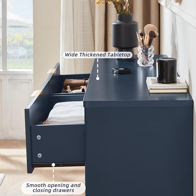 LEYAOYAO Fluted 6 Drawers Dresser for Bedroom, 48" Wide Farmhouse Chest of Drawers with Metal Handle,Curved Profile Modern Closet Organizer Wood Dressers TV Stand for Living Room, Hallway, Blue - Image 6