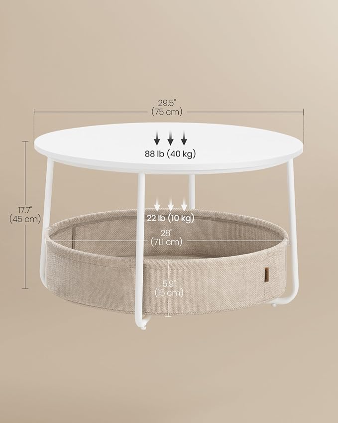 VASAGLE LILEA Collection - Coffee Table with Storage, Round Center Table for Living Room with Fabric Basket, Modern Style, Metal Frame, Matte White and Camel Brown ULCT244W10