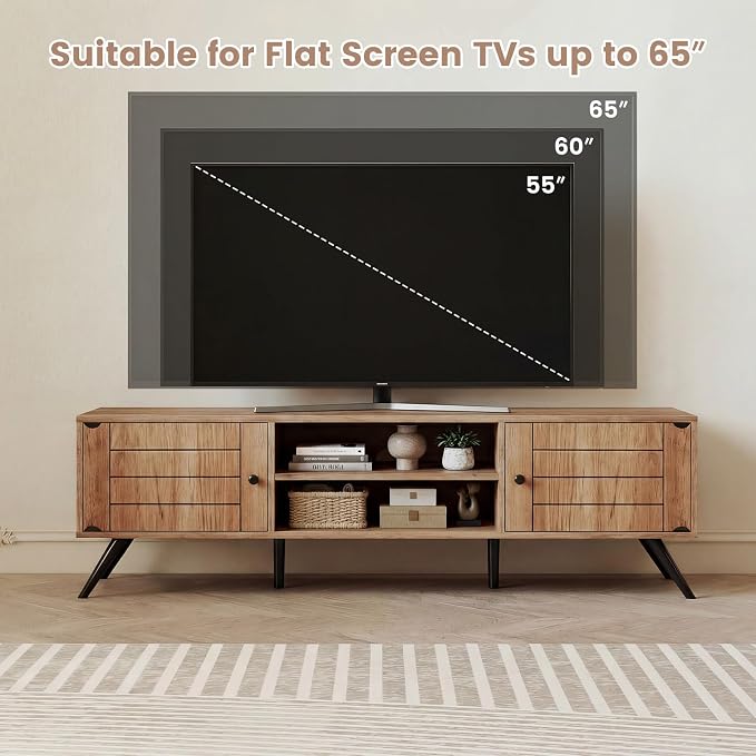 Giantex TV Stand for 65 Inch TV, Mid-Century Modern Entertainment Center w/2 Storage Cabinets, Cable Hole & Open Shelves, Wooden Media TV Console Table for Living Room, Bedroom (59" x 15.5" x 17.5") - Image 4