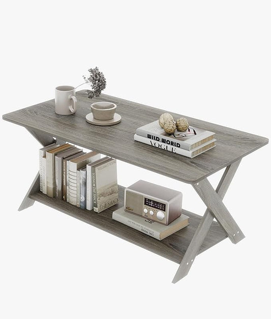 Modern Coffee Table with Storage Shelf, Simple Rectangular Tea Tables for Living Room Bedroom Home Office French Oak Grey