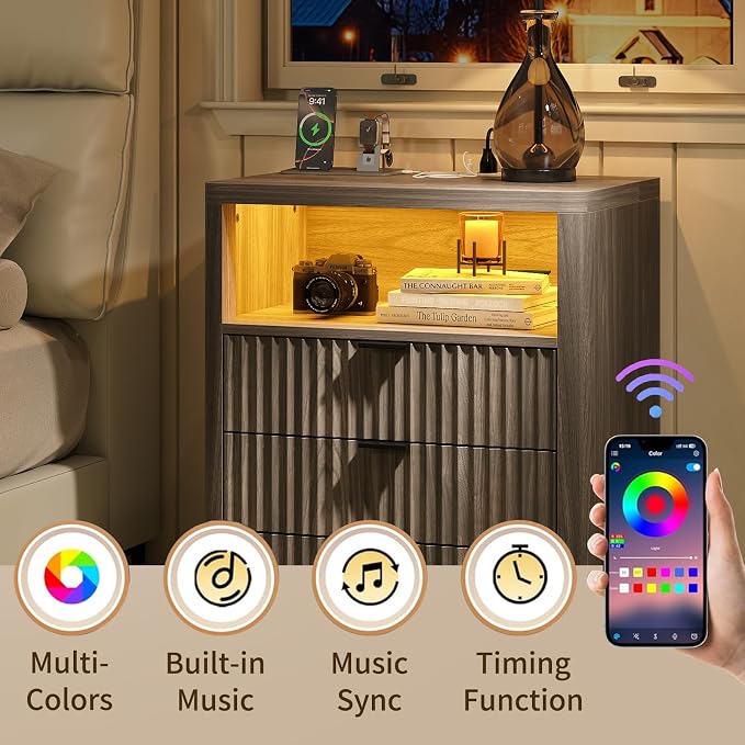 FUSOU Fluted Night Stand Set 2, Nightstands with Charging Station and LED Lights, Modern Bedside Table with 3 Drawers and Open Shelf, End Table with Storage, Night Stand for Bedroom, Light Brown - Image 5
