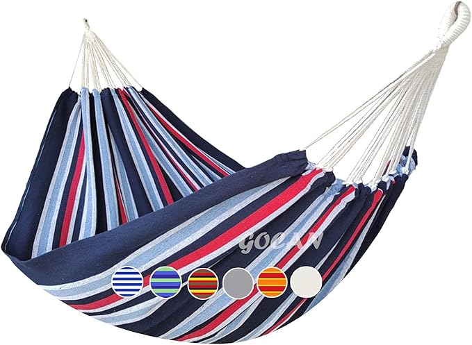 GOCAN Brazilian Double Hammock 2 Person Extra Large 220x160cm Total Length 330cm Load 500lb Canvas Cotton Hammock for Patio Porch Garden Backyard Lounging Outdoor and Indoor(Dark Blue) by GOCAN