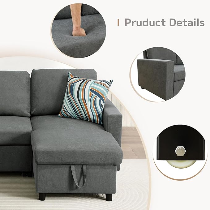 L-Shaped Sleeper Sofa with Chaise Lounge & Storage, Pull-Out Couch Bed with Recliner, Full Size Futon for Living Room, Office, Apartment Dark Grey