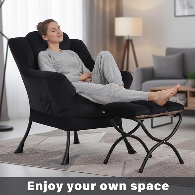 Lazy Chair and Ottoman, Black Velvet Large Accent Chair with a Side Pocket, Modern Leisure Upholstered Sofa Reading Armchair with Footrest for Office, Bedroom, Living Room, Dorm Rooms, Balcony