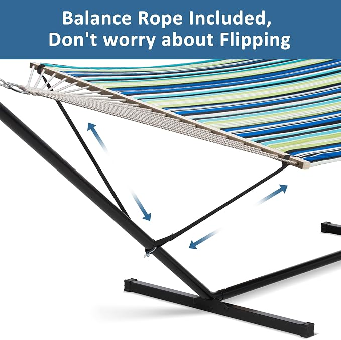 SUNCREAT Hammock with Stand 2 Person Heavy Duty, Freestanding Hammock with Spreader Bar, Soft Pillow, Green Stripes - Image 3