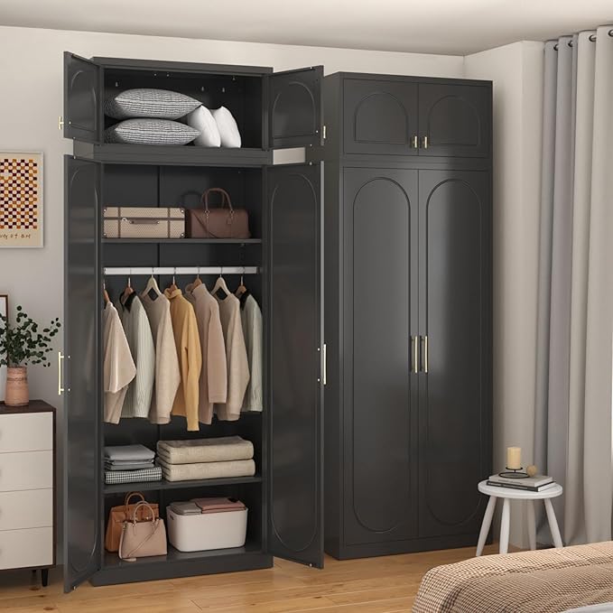 SteeLoong 86" Metal Armoire Wardrobe Closet with Doors,Tall Clothing Storage Cabinet with Adjustable Shelves and Hanging Rod,Black Wardrobe Closet for Bedroom,Home,Office,Gym
