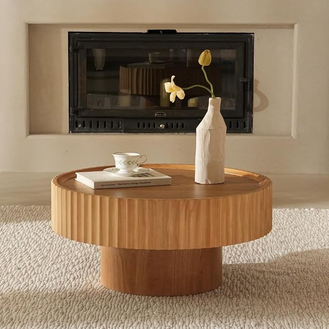 Round Coffee Table, 30.3in Modern Living Room Table, Fluted Drum Circle Tea Table with Storage, Accent Center Tables for Living Room, Apartment, Small Space(30.3''L×13.7''H) (Nature Wood)