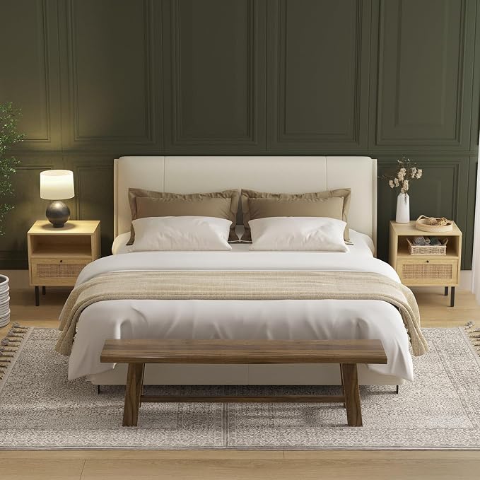Angel Sar Rattan Nightstands Set of 2, Boho Night Stand with 1 Door, Accent End Table, Wood Bediside Table with Metal Legs&Open Shelf, Natural Wood - Image 3