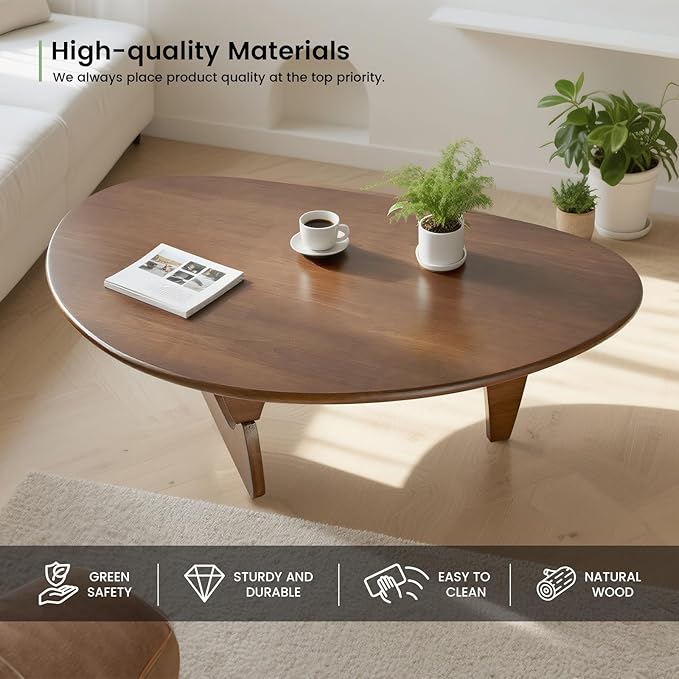 Solid Wooden Modern Triangle Coffee Table: Unique Funky Coffee Tables for Living Room, Oval Mid-Century Irregular Abstract Tea Tables for Patio Office Balcony Bedroom (Walnut, 50" L x 31" W x 16" H)