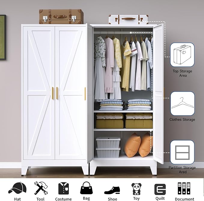 71" Heavy Duty Steel Armoire Wardrobe Closet, White Metal Clothing Storage Cabinet with 2 Magnetic Doors & Adjustable Shelves, Waterproof Hanging Rod Cabinet for Bedroom Gym Laundry Room