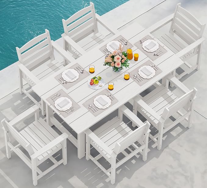 SERWALL 7-Piece Patio Dining Table Sets, Outdoor HDPE Dining Furniture Set with Umbrella Hole Cut-Out Table and 6 Chairs, White by SERWALL