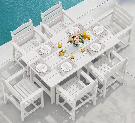 SERWALL 7-Piece Patio Dining Table Sets, Outdoor HDPE Dining Furniture Set with Umbrella Hole Cut-Out Table and 6 Chairs, White by SERWALL