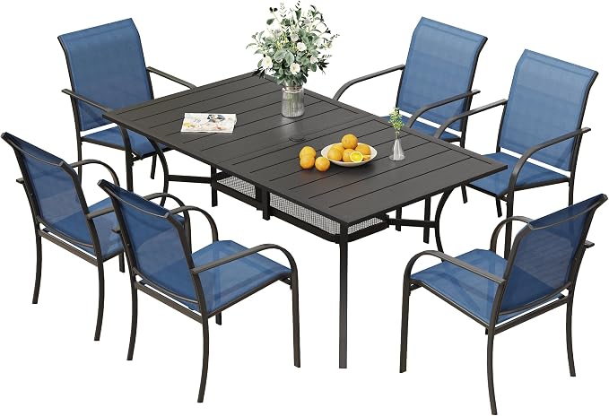 VICLLAX Patio Table and Chairs Set for 6, Patio Furniture Set of 6 Patio Stackable Dining Chairs and Outdoor Metal Table with Umbrella Hole for Backyard Lawn Garden, Blue Chairs and Black Table by HOME