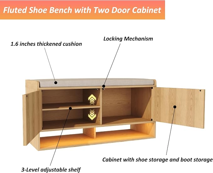 HOMEFORT 39.4" Fluted Shoe Storage Bench, Entryway Bench with Linen Seat Cushion, Shoe Cabinet Bench with Adjustable Shelf and Built-in LED Sensor Light, Bench for Bedroom End of Bed, Natural Oak - Image 7