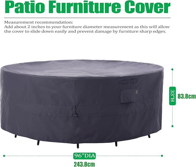 F&J Outdoors Patio Furniture Covers, Heavy Duty Tear Resistant Waterproof UV Resistant Windproof Outdoor Furniture Cover, Grey, 96" Dia x 33" H - Image 2