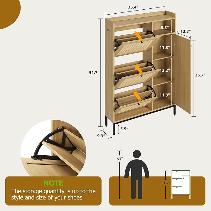 GarveeHome Shoe Cabinet Rattan with 3 Flip Drawers and 4-Tier Shoe Storage Cabinet, Freestanding Shoe Organizer with Adjustable Shelves for Entryway, Closet, Hallway (Light Oak) - Image 2