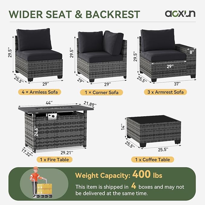 Aoxun Patio Furniture Sets with 44'' Fire Pit, 10 Pcs Outdoor Patio Coversation Set with 4'' Thicken Cushion, Widen Armrests Wicker Outdoor Sectional for Backyard (Include Waterproof Cover)