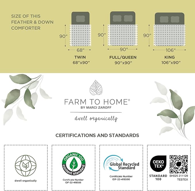Farm To Home Organic Cotton Feather Down Comforter Twin Size, 100% Organic Cotton Cover, All Seasons Luxury Duvet Insert with Corner Tabs, Cozy HotelCollections White Bedding Comforters, 68"x90"