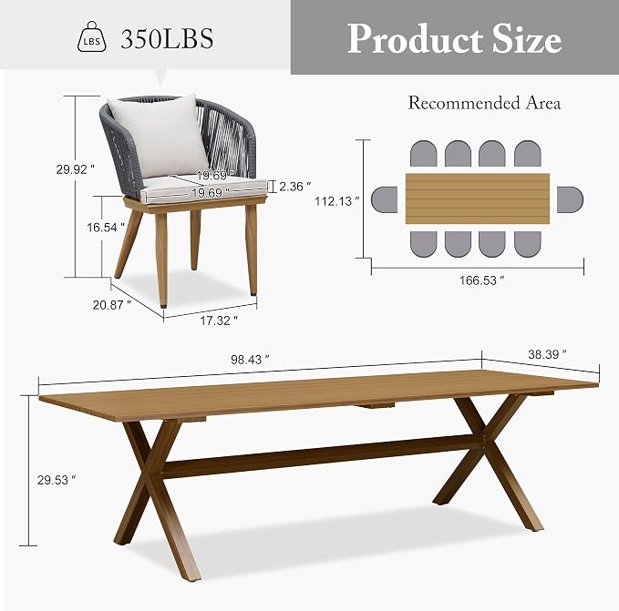 PURPLE LEAF 11 Pieces Patio Dining Set Wicker Outdoor Furniture Rectangular Table and Chairs Set for Garden Deck Teak-Finish Aluminum Frame Backyard Kitchen Set, Cushions and Pillows Included - Image 9